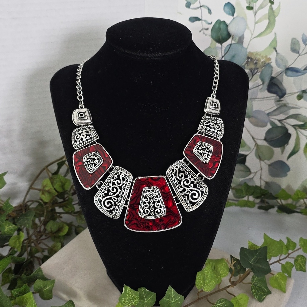 Boho Art Red and Silver Statement Necklace